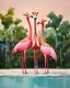 Placeholder: three giraffe-headed flamingos with giraffe neck and head and giraffe pattern standing on the kerb in a street of a cyberpunk city, acrylic and oil, minimalist, cinematic, dramatic, (glitch deconstruction:1.7), centered,, amazing verticals, excellent parallels