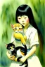 Placeholder: A cute asian girl is holding a kitten. Watercolour