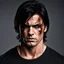 Placeholder: 35 year old muscular evil male with medium length dark hair. scarred face. scowling expression, wearing a black teeshirt