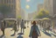 Placeholder: sunny day, city, sci-fi, people, epic, claude monet influence, realistic painting