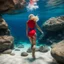 Placeholder: [bokeh macro view] A 25-year-old blonde woman in a red swimsuit is exploring a rock horizontally underwater near the seabed. Viewed from behind, we clearly see only her lower body and legs. her focus is on a extraordinary fish