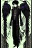 Placeholder: black haired young man necromancer wizard with gothic jewelry and Feathery owl-like hair, has the lower legs of an owl, in the style ofHarry Clarke