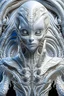 Placeholder: A beautiful alien with big eyes and small nose and mouth wearing a bioluminescense all white zafír wearing biomechanical amalgamation style leather jacket dress ribbed with silver floral metallic filigree biomechanical vantablack pattern, organic bio spinal ribbed detail of gothic winter backround extremely detailed maximalist hyperrealistic portrait art