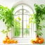 Placeholder: A window in white with an arch decorated with mangoes and light green leaves and soft orange bright colors.