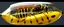Placeholder: beholderkin wasp, inside full speed aqua hornet patterned double banana transparent space vessel with black and yellow wasp stripes