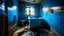 Placeholder: An old, dilapidated bathroom with crumbling walls, tiled floor and walls and a bathtub. The room has a feeling of abandonment and decay, with a gloomy and disturbing atmosphere. A misplaced element is on the floor, a blue neon cube that radiates light over its surroundings.