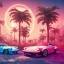 Placeholder: 1980's aesthetic vaporwave palm trees and spheres and neon Porsche