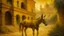 Placeholder: A Renaissance oil painting style depicting a golden aura surrounding a donkey in the ancient city of Babylon