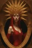 Placeholder: lady in red veils her face and has a large golden spiked crown, in the style of celestial fasion, otherworldly beauty, davide sorrenti, celestialpunk, album covers, fra angelico, aykut aydogdu, queencore, golden age aesthetics --s 750 --v 6. 0 --ar 10:13