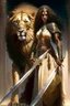 Placeholder: An Arab warrior, a full-body female, whose hair is not visible from the dress, holding a sword, standing next to a powerful lion