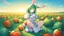 Placeholder: Girl, green hair,rabbit paws in hand, farm, sit, rabbit paws in feet, blushed, eat a carrot