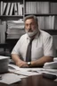Placeholder: worried chubby italian 53-year-old burly Italian lawyer shirtless, with tie on his hairy manly chest, at his desk full of papers, abat-jour dim light, very short beard, hyperrealistic, ambient occlusion, photorealistic, high detailed, 32k