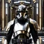 Placeholder: star wars bald male corellian pilot wearing pearlescent black and gunmetal grey First Order special forces heavy assault armor and helmet with gold trim inside the jedi temple, centered portrait, hyperdetailed, dynamic lighting, hyperdetailed background, 8k resolution, volumetric lighting, light skin, fully symmetric details