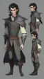 Placeholder: turnaround character of a man elf, he has curly, black hair and sharp cheekbones. His eyes are black. pale skin. He wears fantasy medieval clothes. full body with boots