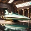 Placeholder: stunning hyper-realistic render of a sleek and elegant Naboo staryacht in pearlescent teal green with gold trim sitting in ancient jedi temple hangar, fully symmetric details