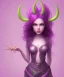 Placeholder: cute purple haired devil girl with bright green eyes and 2 black horns on her head wearing a purple/pink dress