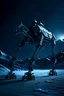 Placeholder: a sleek mechanical walker with eight legs scaling a very steep snow covered side of mout everest at night, it has a smooth surface, it has storage pods on its belly and humans can fit in the pods