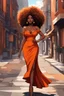 Placeholder: Create a abstract art cartoon image of a curvy black female walking thru the city streets wearing a burnt orange off the shoulder maxi sundress. Prominent make up with brown eyes. Highly detailed tight curly black shiny afro
