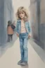 Placeholder: Illustration of actress farrah Fawcett as a toddler, in the metro, jeans, style of Marcel Marlier, pastel colors