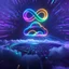 Placeholder: Colourful 3D glowing infinity symbol ∞, hovering above a colourful glowing cloud, network and lights coming from the cloud onto a futuristic map of the globe, inspiring, neon, glowing, friendly, beautiful, octane render, 8k post-production, artstation: award-winning: atmospheric: commanding: fantastical: clarity: 16k: ultra quality: striking: brilliance: liquid medium: stunning colors: amazing depth; lens: f/8, 28mm