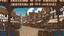 Placeholder: gothic medieval wooden harbour with piers and ships, people, shops, bridges, arches, balconies, taverns, blue sky