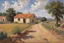 Placeholder: sunny day, clouds, rocks, trees, mountains, countryside, dirt road, adobe old house, gustave caillebotte and pieter franciscus dierckx impressionism paintings