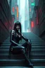 Placeholder: cyber-goth warrior woman in black makeup, black cyber-goth clothes with matrix style sitting by giant stairs , utopistic scifi, dark colors, fashion, random matrix city background, high detailed, high realistic