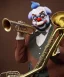 Placeholder: mechanoid old friendly fat clown with trimmed beard playing jazz with a steampunk theme, trumpet, salvador dali