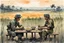 Placeholder: a Viet Cong warrior and a US Army soldier sitting peacefully at a small wooden table at dawn in the middle of a rice field and eating together a big bowl of Pho soup, watercolor and ink, tint bleed, pastel colors of drab, beige, green, black, yellow and orange