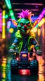 Placeholder: portrait of lizardman clown Hairy Gremlin myth buster pimp ninja yoga cyber punk in flying hipster lawn tractor parked in dark neon lit reflective wet arcade hall tunnel,bokeh like f/0.8, tilt-shift lens 8k, high detail, smooth render, down-light, unreal engine, prize winning