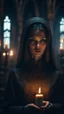 Placeholder: Shi Fi, a beautiful Russian woman in the church holding a candle, atmospheric lighting effects, intricate industrial details, moody atmosphere, eerie grimdark ambiance, complex motherboard accents, speculative fiction art. Bokeh