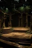 Placeholder: an immersive set design for the stage musical into the woods. woodchips on the stage floor, a swing down stage left and foliage everywhere. a backdrop of a forest to be at the back. needs to be a platform at two levels upstage - higher on the sides going down lower in the middle. upstage centre needs to be a tree covered tower with an opening in the middle.