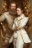 Placeholder: 8K, a Highly detailed stunning portrait of Dom man with a kneeling submissive woman, white suit, beard, and short hair, bad boy