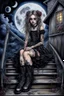 Placeholder: airbrushed oil painting, whimsical, gothic style, teenage girl, rosy cheeks, a laced dress, boots, expressive eyes, long lashes, dark eye shadow, delicate tattoes, dark lips, messy hair with hair clips, she is sitting on the stairs of a house in gothic style, full moon, eerie athomosphere