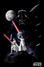 Placeholder: black background onto which the outline of darth vader standing filled with stars nebula and the Death Star is large within, in front in poses from the original star wars posters is Luke Skywalker with lightsaber and Princess Leia Organa with laser pistol both in white clothing atop crumbling stone, the millenium falcon and x-wing fighters and tie-fighters flying among the stars, do not show darth vader's face