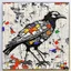 Placeholder: crow made of recycled materials collage art, bottle caps plastic aluminum box tops, splash art, concept art, by Derek Gores, artistic, bar code style.