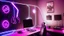 Placeholder: Dark purple and black gaming room with neon lights, gaming chair and PC with RGBs, realistic style, black cat sitting on the chair