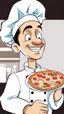 Placeholder: A design of a chef holding A plate of pizza his hand in a professional manner, without the background, He smiles and closes one of his eyes, cute cartoon ,Only his upper body is shown