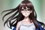 Placeholder: full body of a brown haired anime manga pregnant girl in dark blue dress with eyeglasses