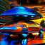 Placeholder: award winning car and driver digital 64k photorealistic image of a futuristic UFO station wagon designed by an unknown alien civilization, only one vehicle per image painted metallic orange traveling at a high rate of speed,the rear with bright blue flame, bilaterally symetrical