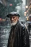 Placeholder: Ultra realistic A photograph of an old man walking in the rain making eye contact with the viewer in a mid-shot view, futuristic style, HOF, captured with professional DSLR camera,64k, ultra detailed,