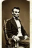 Placeholder: Abraham Lincoln, cleanshaven sitting in a chair holding a top hat, background log cabin vintage photography, beautiful, Tumblr aesthetic, retro vintage style, HD photography, hyperrealism