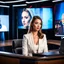 Placeholder: amodern tv studio a beautiful girl perfect face sitting next to desk in talk show looking at camera, with picture of an old man in tv screen at background