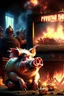 Placeholder: fire font realistic gamer pig watching movie about mushrooms cinema in the background