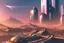 Placeholder: cyberpunk city, sunny day, valley, mountains, sci-fi, epic