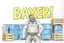 Placeholder: a drawing with sketch lead pencil, The word "BAXER" in yellow floating like a big sign, strong painting, strong expression, BAXER!, BAXER! the word Baxer, WOODEN CRATES AND BLUE BARRELS, A WORKING MAN (no beard and he have glasses) STANDS THERE WITH VERY BIG STRONG MUSCLES and the word BAXER is pulsating