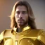 Placeholder: beautiful cosmic golden male, long hair, nice smiling, delicate colors, beautiful glamour galactic golden dress, ultra sharp focus, 8k, unreal engine 5, extremely sharp detail, light effect, soft light atmosphere of a spaceship, smooth, full of details, face in front, complete vision of face and body