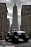Placeholder: A Tesla's 'Cybertruck' is parked, near the "Empire State Building' in New York. CINEMATIC. WIDE ANGLE LENS. PHOTO REAL.