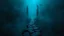 Placeholder: A surreal, dark and cold abstract artwork dominated by deep blue, icy cyan, charcoal black and muted steel-grey tones. An thin narrow passageway emerges from an abstract distorted weird landscape, surrounded by thick atmospheric fog and drifting mist. The space feels dreamlike, alien and unsettling, with fragmented floating geometric forms, black onix architectural fragments and unnatural perspectives. At the center of the composition visible cracked stone way over abyss