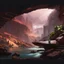 Placeholder: inside a cyberpunk outpost, windows reveal cliffs and a stormy river rapids below, nighttime storms